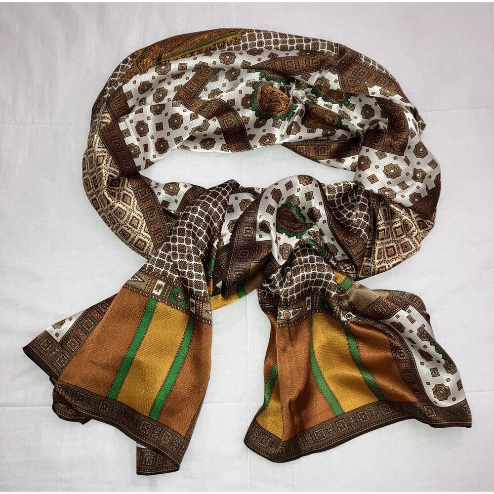 Talbot’s 100% Silk Scarf Gold Brown 70” X 27” Camel/Green/ Ivory ART NOUVEAU VTG